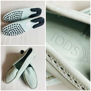 Tod's *Damaged* Gommino Leather Driving Shoes Light Mint Green Black